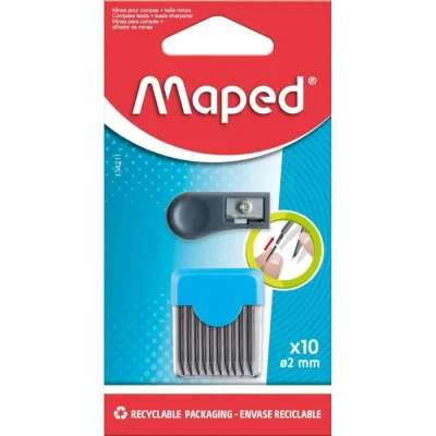 Image de Maped Étui Rigide de 10 mines Rechange 2 mm + 1 taille pour Recharge Compas Scolaire Mine avec Pointe HB