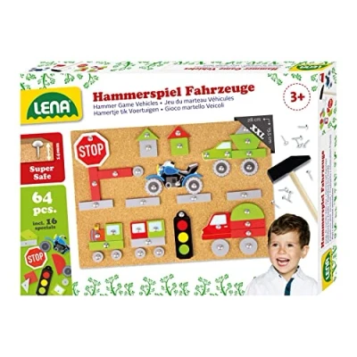 Image de Lena Véhicules avec 64 pièces colorées de différentes Formes, Plaque Base en liège, env. 28x19,5x1,4 cm, Jeu Marteau pour Les Enfants à partir 3 Ans, 65826, Multicolore