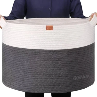 Image de GOCAN XXXL panier a linge rangement D55XH35cm à garni pour salle avec Poignées Jouets Oreillers Salon rond gris blanc