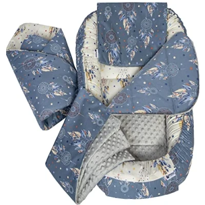 Image de Medi Partners 5 éléments Cocon de Bébé 100x60x15cm 100% Coton Baby Nest Reducteur lit Bébés Oreiller Couverture Insert Amovible (Attrape rêves avec Minky Gris)