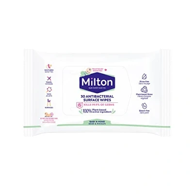 Image de Milton Lingettes Désinfectantes surfaces SANS RINCAGE, Alcool de betterave, Biodégradable, Efficaces sur bactérie et virus, Fabrication Française, Blanc, 30 Unité (Lot 1)