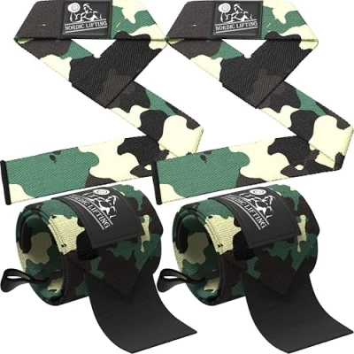 Image de Nordic Lifting Sangles de poignet musculation + levage en vrac (2 paires) pour l&#039;haltérophilie, le CrossFit, l&#039;entraînement, la salle gym, powerlifting Camouflage vert