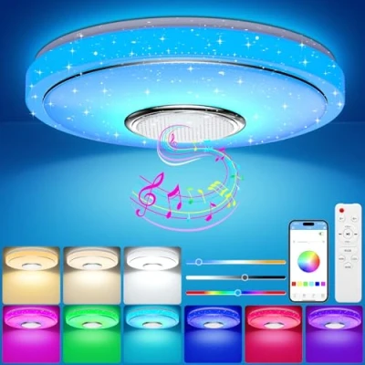 Image de OGVDOE 48W Plafonnier Rond LED Dimmable Changement de Couleur RGB Lampe Plafond Ø30CM Éclairage avec Haut parleur Bluetooth Télécommande et App Contrôle pour Chambre Salon