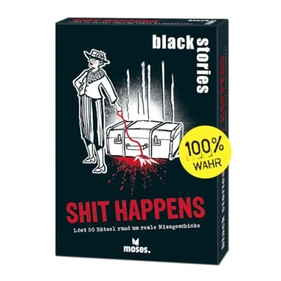 Image de moses Black Stories Shit Happens 50 énigmes Noires sur Les mésaventures réelles, Cartes de Crime dans Un Nouveau Design avec Deux Variantes, Jeu Puzzle pour Adolescents et Adultes, 90047, Blanc