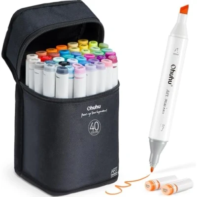 Image de Marqueurs à Feutre Alcool, Ohuhu 40+1 couleursmarqueurs d&#039;art double pointe pour illustrations colorier adultes, encre base d&#039;alcool, étui marqueurs, burin et fin, série Oahu