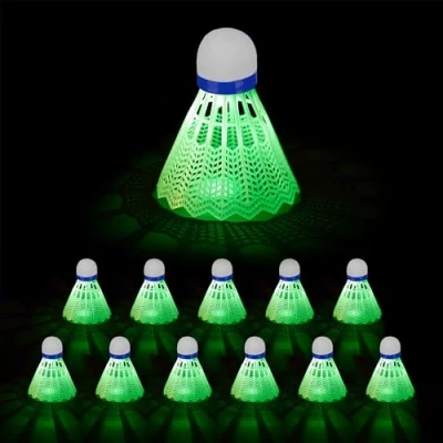 Image de Relaxdays Volant de Badminton LED, lot 12, Balle Qui s&#039;illumine en Vert, H x D : 8,5 6,5 cm, Blanc