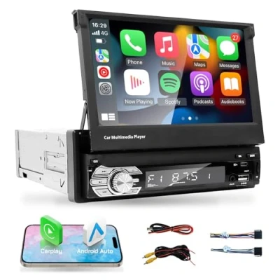 Image de EZoneTronics Lecteur multimédia de Voiture MP5 à écran rétractable Universel 7 Pouces avec CarPlay Android Auto Bluetooth Commande au Volant Radio FM