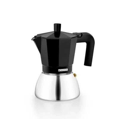 Image de MONIX Induction Inox Cafetière italienne en aluminium et acier inoxydable, 6 tasses, poignée résistante à la chaleur, facile laver, pour tout type de cuisinière dont l’induction, couleur noire