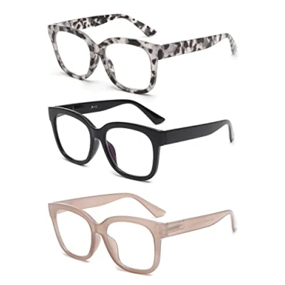 Image de JM Lot de 3 Montures Lunettes Carrées Surdimensionnées, Lecteur d&#039;ordinateur Bloquant la Lumière Bleue pour Femmes Hommes+0.0