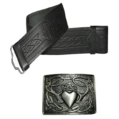Image de Maze Ceinture de kilt écossais avec boucle en cuir Noir Plusieurs tailles et designs au choix, Embossed Black With Antique Celtic Knot Buckle, L (91cm 106cm)