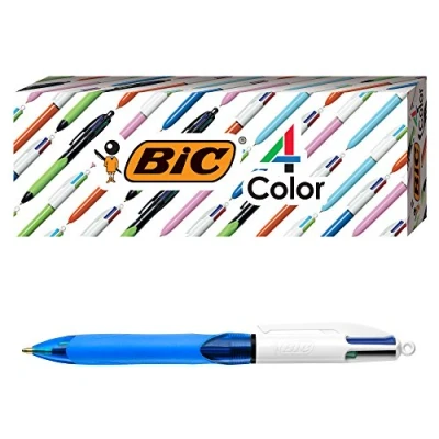 Image de BIC 4 Color Grip Ballpoint Pen, Blue Barrel, Medium Point (1.0mm), Assorted Inks, 3 Count