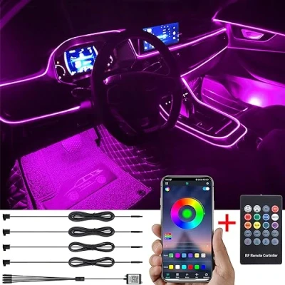 Image de TABEN Kit d&#039;éclairage ambiant de Voiture 4 m Fibre Optique 64 Couleurs RF télécommande + APP contrôle USB lumière d&#039;ambiance Voiture, Bricolage 16 Millions RVB Multicolore Musique synchronisation