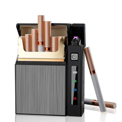 Image de Étui à cigarettes avec briquet Allumage : Nizirioo double arc Boîte Indicateur numérique de batterie rempli 20 rechargeable par USB Cadeaux