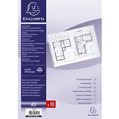 Image de Exacompta Réf. 3193E Sachet de 10 pochettes perforées PVC lisse 12/100e perforations universelles 11 trous format à classer A3 horizontal/paysage incolore