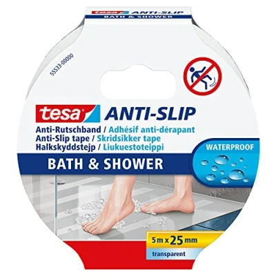 Image de Tesa ANTI SLIP Adhésif Antidérapant Bain &amp; Douche Waterproof Bande Adhésive Antidérapante de Protection pour Surfaces et Sols Glissants Transparent 5 m x 25 mm
