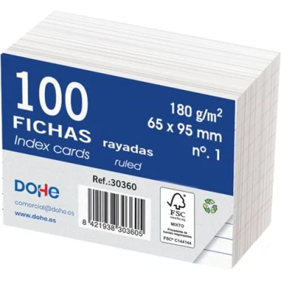 Image de Dohe Lot de 100 fiches lignées en carton Cartes pour écrire des notes, dimensions 9,5 x 6,5 cm, 180 g/m², n 1, fournitures bureau Blanc