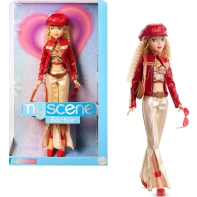 Image de Barbie Signature My Scene Poupée et Accessoires, avec Tenue inspirée des années 2000 Comprenant Une Veste en Cuir synthétique, Un Pantalon évasé Sacoche, Socle pour poupée, HYC17