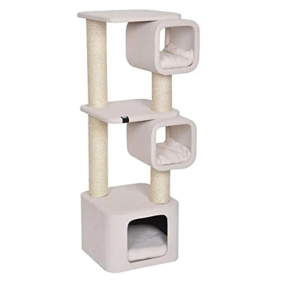 Image de Ebi, Arbre à Chat Modèle Akita 37x37x111 cm Blanc, avec Deux tunnels et Abri pour se détendre, Tissu Mousse Confortable, Coussin en Peluche, sisal