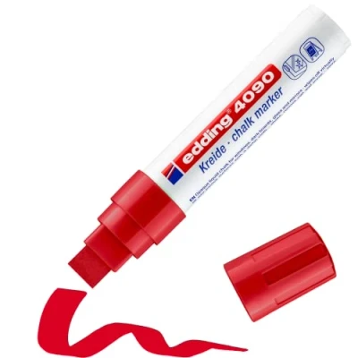 Image de edding 4090 Marqueur craie liquide rouge 1 feutre pointe biseautée 4 15 mm effacable pour écrire sur les vitres,le verre ardoise aux couleurs opaques