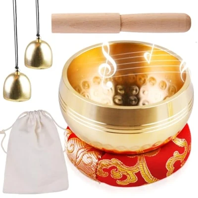 Image de Ensemble de bol chantant tibétain, fait à la main, pour guérison, méditation, le yoga, son, petit chantant, au Népal, avec maillet en bois, coussin cloche laiton