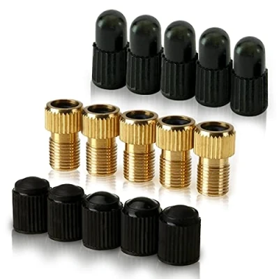 Image de Adaptateur pour valve Presta en laiton (lot de 5 + 10 bouchons) Convertissez Schrader les vélos, e bikes, et scooters gonflez pneus à l&#039;aide d&#039;une pompe standard par Mobi Lock