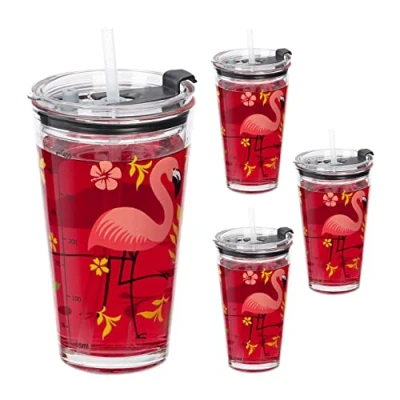 Image de Relaxdays Gobelet en Lot de 4, Motif Flamant Rose, Graduation 450 ML, Couvercle, Paille, Verre, Enfants, Transparent