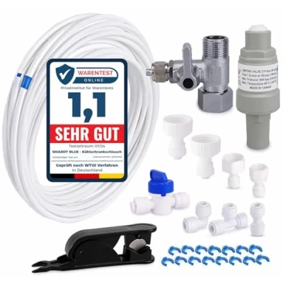 Image de smardy ZO006 Kit de Raccordement con Réducteur Pression, connecteurs, 15m tuyau d&#039;eau 1/4&quot;(6,35mm) pour systèmes d&#039;osmose inverse, réfrigérateur side by side, filtres à eau