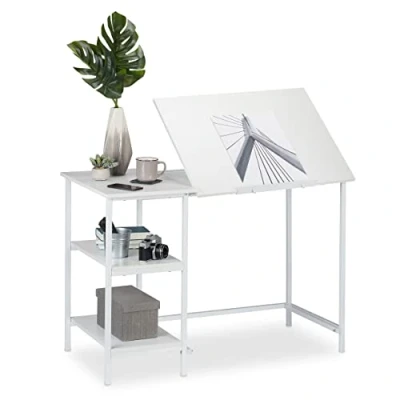 Image de Relaxdays 10026046_954 Bureau inclinable, 3 étagères, de Nombreux Angles, Table d’Ordinateur Travail,HlP: 75 x 110 55 cm Blanc, Panneau Particules, Fer