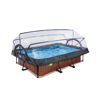 Image de EXIT TOYS Piscine Tubulaire Wood avec Dôme Multifonctionnel 220x150x65cm Hors Sol Rectangulaire Pompe Filtrante Entrée Basse pour l&#039;eau de la Propre et Chaude Marron