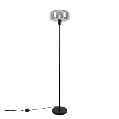 Image de Qazqa Art déco vloerlamp zwart met smoke glas Bizle Verre/Acier Rond Convient pour LED Max. 1 x 25 Watt