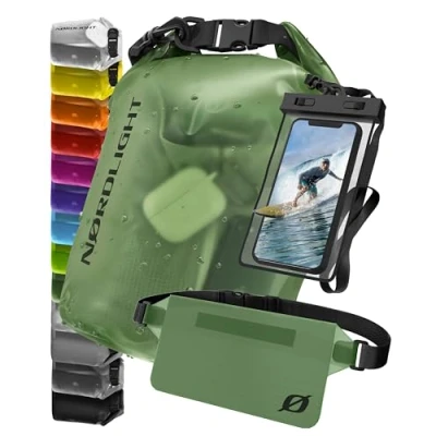 Image de Sac Étanche avec Pochette Téléphone Et Banane (20L, Vert Foncé) IPX8 Fermeture À Enroulement Natation, Bateau, Plage, Stand Up Paddle