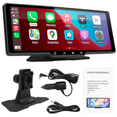 Image de Autoradio Portable sans Fil Carplay/Android Auto Écran Tactile de écran Voiture Lecteur avec Bluetooth Mirror Link Transmetteur FM/USB/TF, Installation Facile (9,3 Pouces caméra)