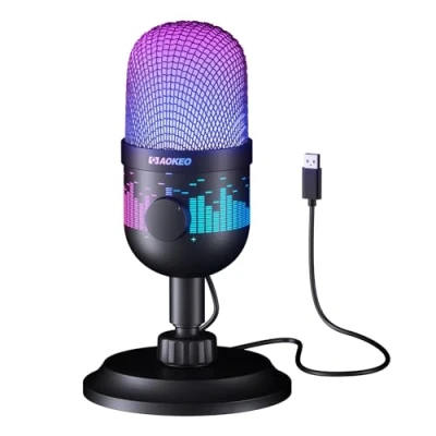 Image de Aokeo Microphone de Jeu, d&#039;ordinateur USB pour PC, Mac, PS4/5,de Podcast à condensateur Enregistrement en Studio, Streaming, Podcast, Youtube, avec lumière LED