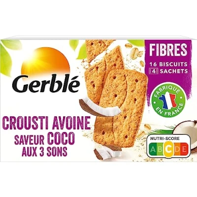 Image de Gerblé Crousti Avoine Coco Aux 3 Sons : Avoine, Seigle, Blé Riche en Fibres Réduits Sucres Sans Huile de Palme Brun 4 Sachets Biscuits 1 Boîte 200 g