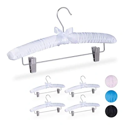 Image de Relaxdays Cintres en Satin, Jeu de 5, rembourrés, Vintage, Pinces déplacables, Crochets pivotants, 38 cm Large, Blanc