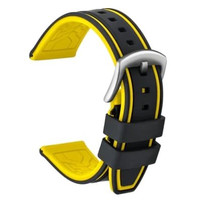 Image de ULLCHRO Bracelet Montre Remplacer Silicone Bicolore 20, 22, 24, 26mm Caoutchouc avec Acier Inoxydable Boucle Argent (26mm, Noir et Jaune)