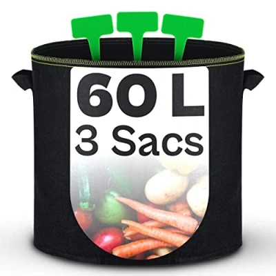 Image de Sac de Plantation 60l 3 Sacs a Plantes avec Fenêtre et Étiquettes Pot Geotextile Pots pour Pommes, Tomates, Poivrons, Carottes