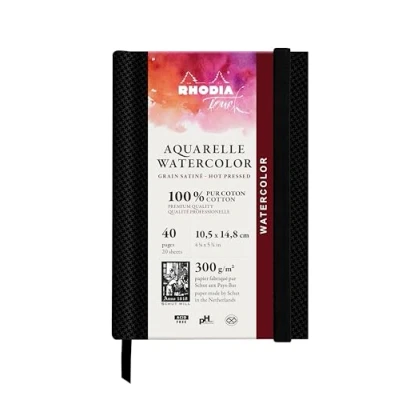 Image de RHODIA TOUCH 116157C Carnet aquarelle 100 % coton grain satiné 300 g/m² A6 portrait 40 pages non microperforées Brochure rigide Watercolor Book