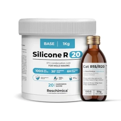 Image de caoutchouc de silicone R20 pour moule souples (20 ShoreA), bi composant, durcissement rapide (6h), coulée blanc semi brillant la reproduction modèles et bijoux (1 kg)