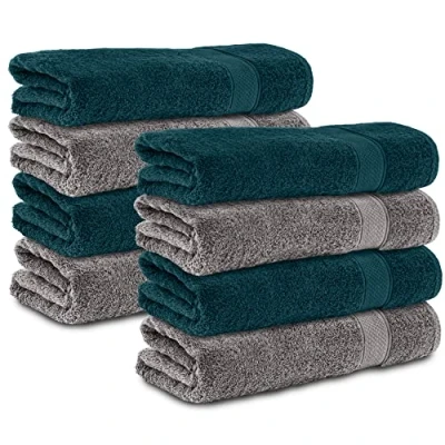 Image de Komfortec Lot de 8 Serviettes Toilette 50 x 100 cm, en 100% Coton, 470 g/m², éponge, Doux, Anthracite/Bleu pétrole