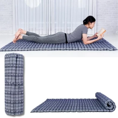 Image de LEEWADEE Matelas De Sol Pliable, Futon Japonais Enroulable, Lit D&#039;Appoint 1 Personne, Chauffeuse Place, Tapis Méditation en Kapok, 190 x 100 cm, Bleu Blanc