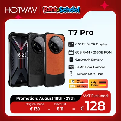 Image de HOTWAV T7 Pro Smartphone Robuste 6Go+256Go, Écran 6,6&quot; FHD+ Batterie 6280mAh Caméra 64MP Téléphone Android IP68 Étanche Noir