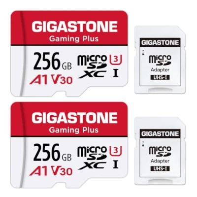 Image de Gigastone Carte Mémoire 256 Go Lot de 2 cartes, Gaming Plus Série, Vitesse Lecture allant jusqu&#039;à 100 Mo/s. A1 U3 V30 Micro SDXC pour Switch HD vidéos Dashcam GoPro Drone, avec Adaptateur SD.