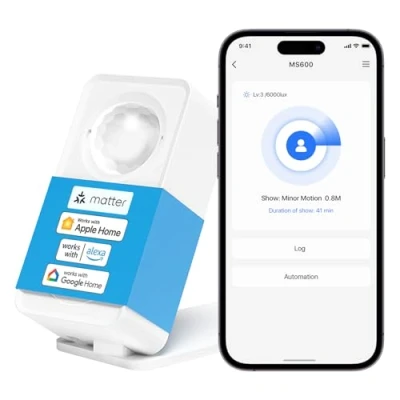 Image de Meross Détecteur de Présence Intelligent, Mouvement 3 en 1 (Radar+PIR+Lumière) Compatible avec Matter, Apple HomeKit, Alexa et Google Home, Distance Détection 12m à 360 Alarme Liée