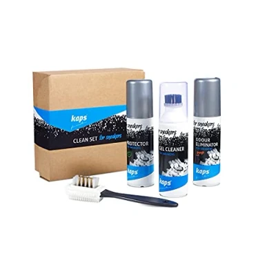 Image de Kaps Kit de Nettoyage Chaussures pour Baskets 4 Gel Nettoyant Baskets, Spray Protecteur Hydrofuge, Èliminateur D&#039;odeurs 100 ml, Brosse Nubuck et Daim Convient aux Sport