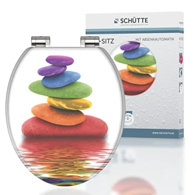 Image de Schütte COLORFUL STONES, Abattant WC avec noyau en bois (MDF) et système d&#039;abaissement automatique, motif de pierres colorées imprimé sur 3 faces, compatible toutes les cuvettes standard