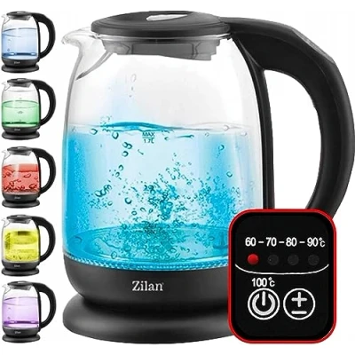 Image de Zilan, Bouilloire en verre à écran numérique et LED, différentes couleurs,1.7lt, 5 réglages différents de la température, sans fil avec corps haut borosilicate 360, 2200W
