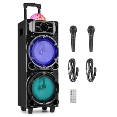 Image de Fenton LIVE290 Enceinte Karaoké Portable 2x8’’ avec Bluetooth 300 Watts, 2 Micros, Boule Disco LEDs, Lecteur MP3, Autonomie 6H, Une Idéale pour Les Soirées Effets Lumineux