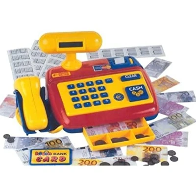 Image de Theo Klein 9330 Caisse enregistreuse électronique I Jouet Avec lecteur de codes barres, calculatrice, bruitage l&#039;argent factice Dimensions : 26,5 cm x 17 14 pour enfants à partir trois ans
