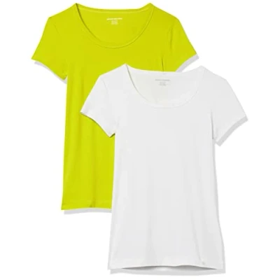Image de Amazon Essentials T Shirt Ajusté à Manches Courtes et Encolure Dégagée Femme, Lot de 2, Blanc/Vert Citron, XL